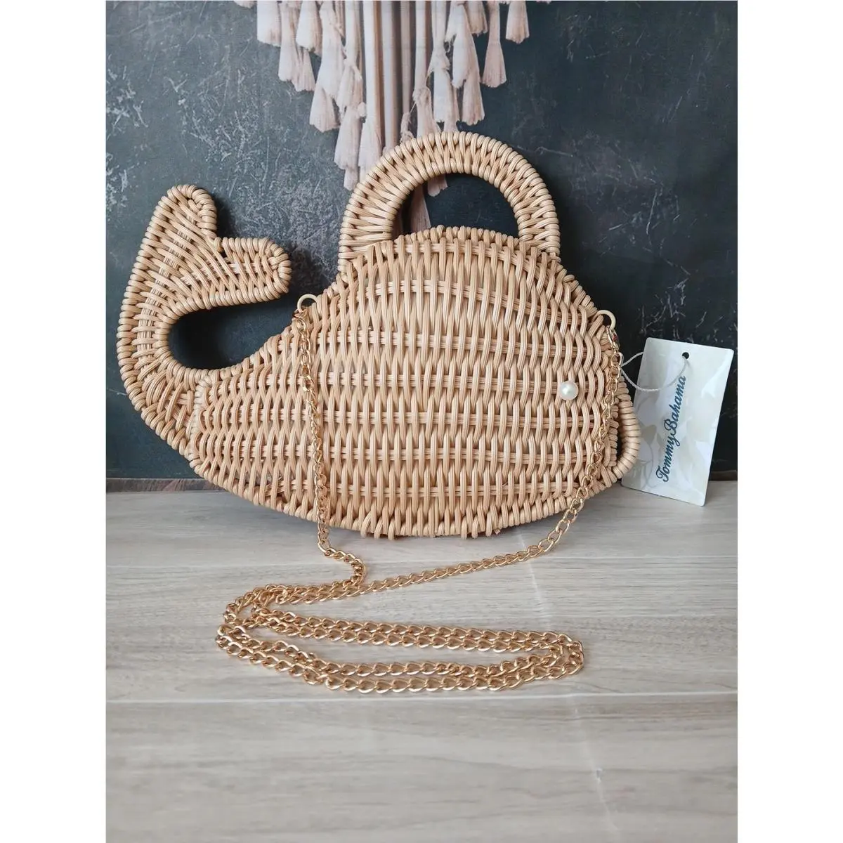 Tommy Bahama Whale Wicker Purse Crossbody Bag Natural Color