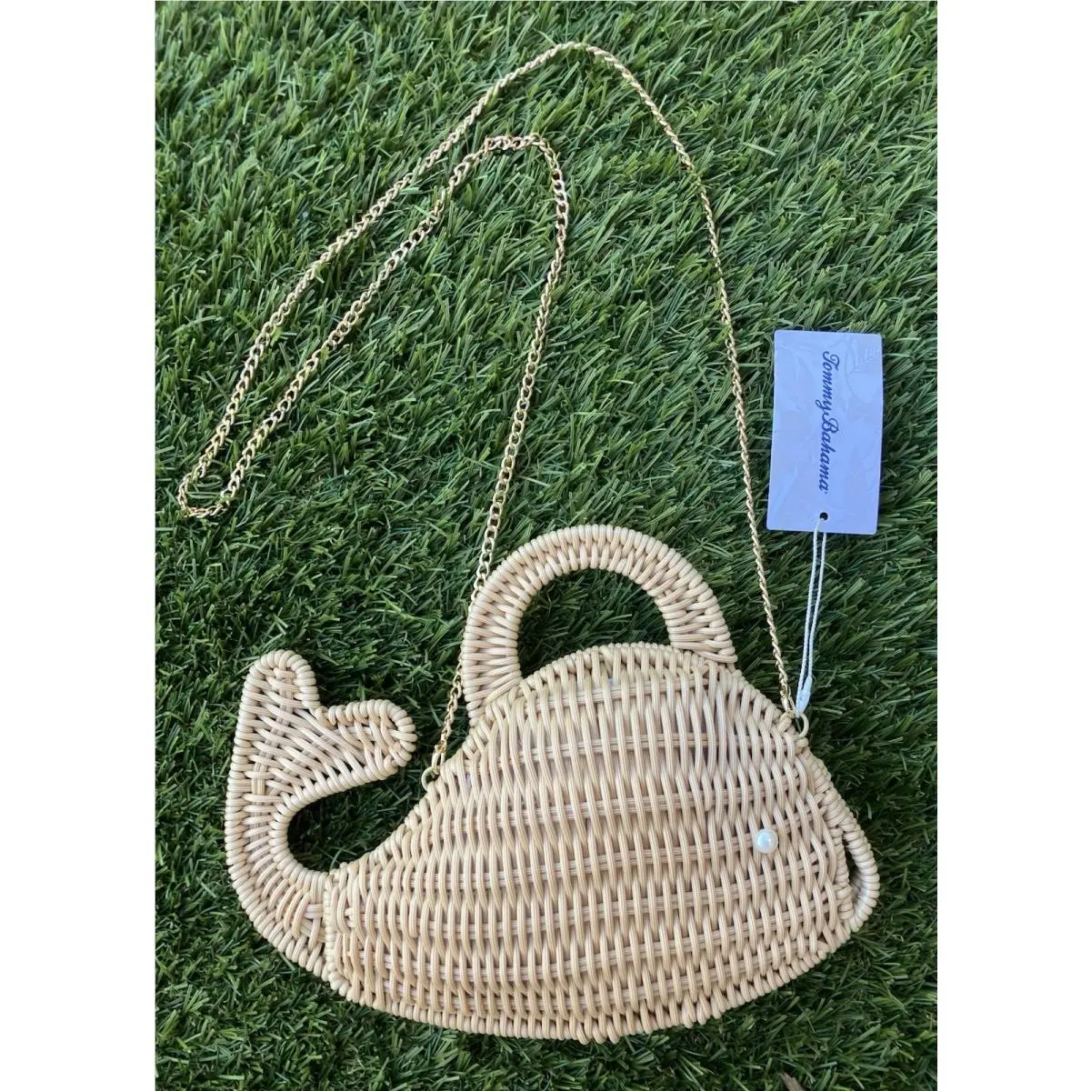 Tommy Bahama Wicker Woven Whale Purse Handbag w Gold Crossbody Strap Natural