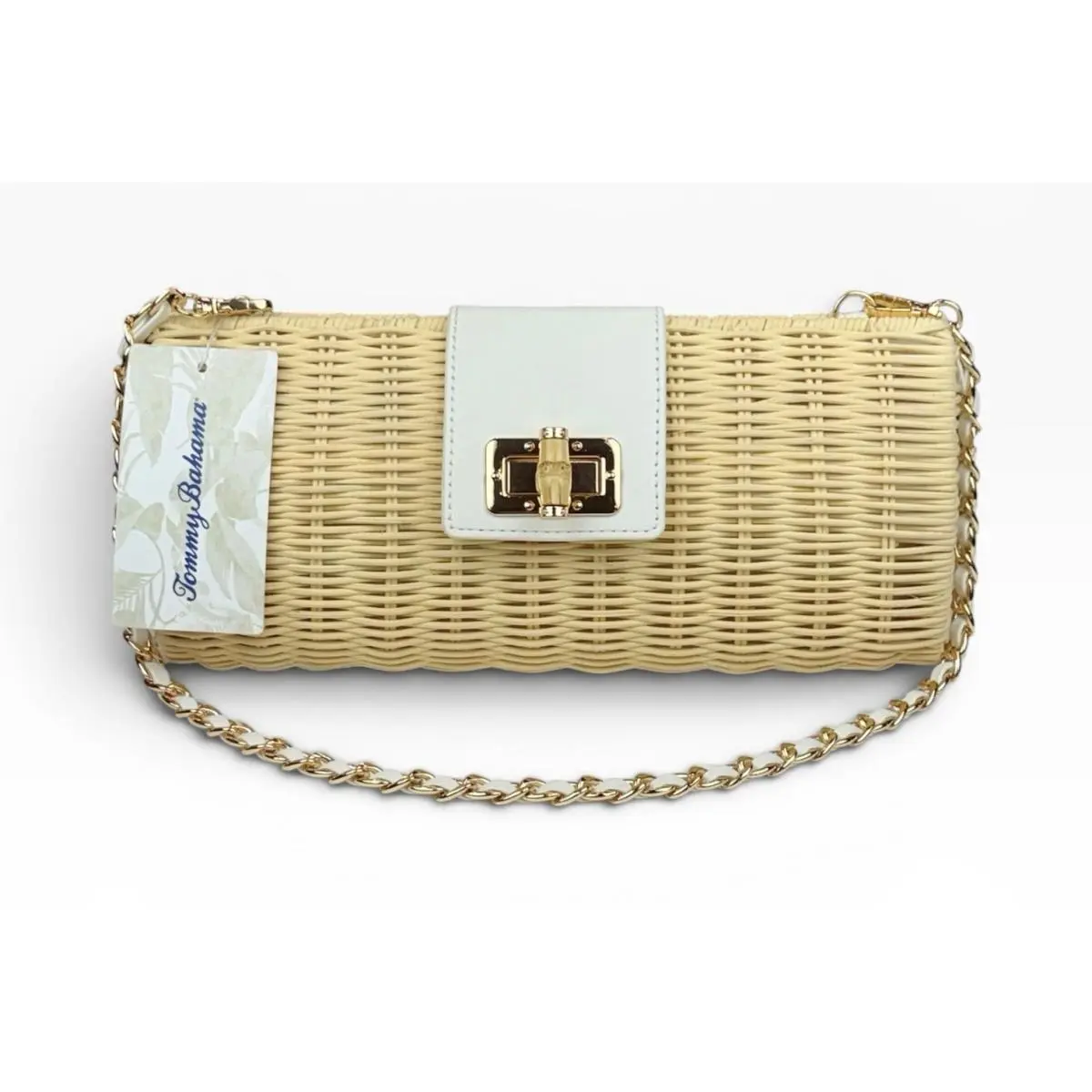 Tommy Bahama Woven Wicker Shoulder Bag Clutch Purse Bamboo Lock Tan White