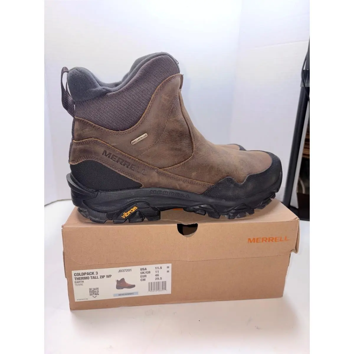 Merrell Mens 11.5 M Coldpack 3 Thermo Tall J037201 Waterproof Zipper Earth Boot