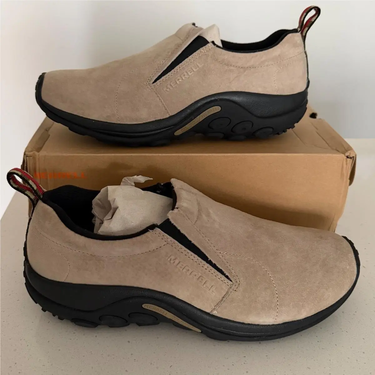 Merrell Jungle Moc Mens 12.5 Classic Taupe Suede Slip On Hiking Trail Shoes