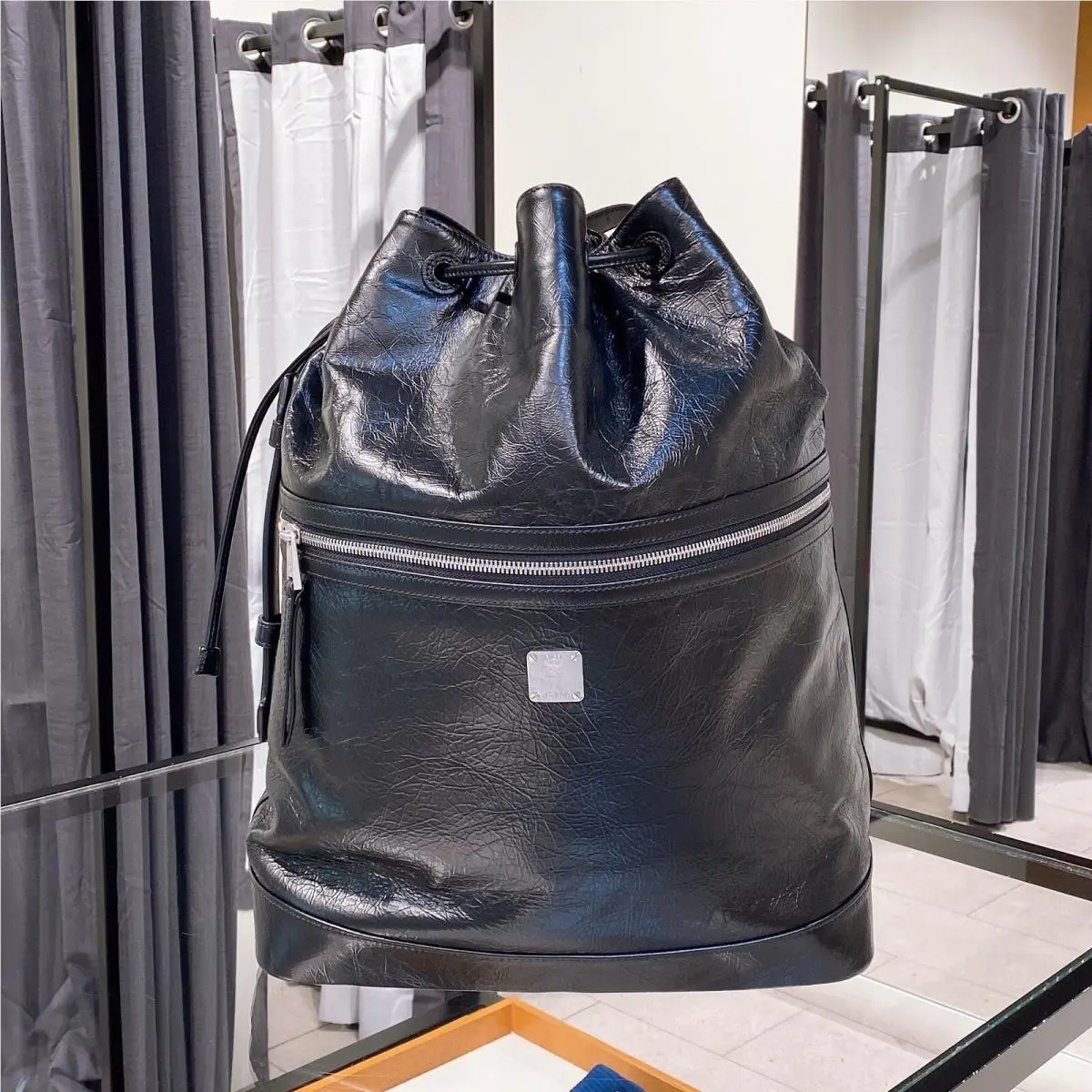 Mcm Black Medium Italian Soft Leather Drawstring Backpack by MCM