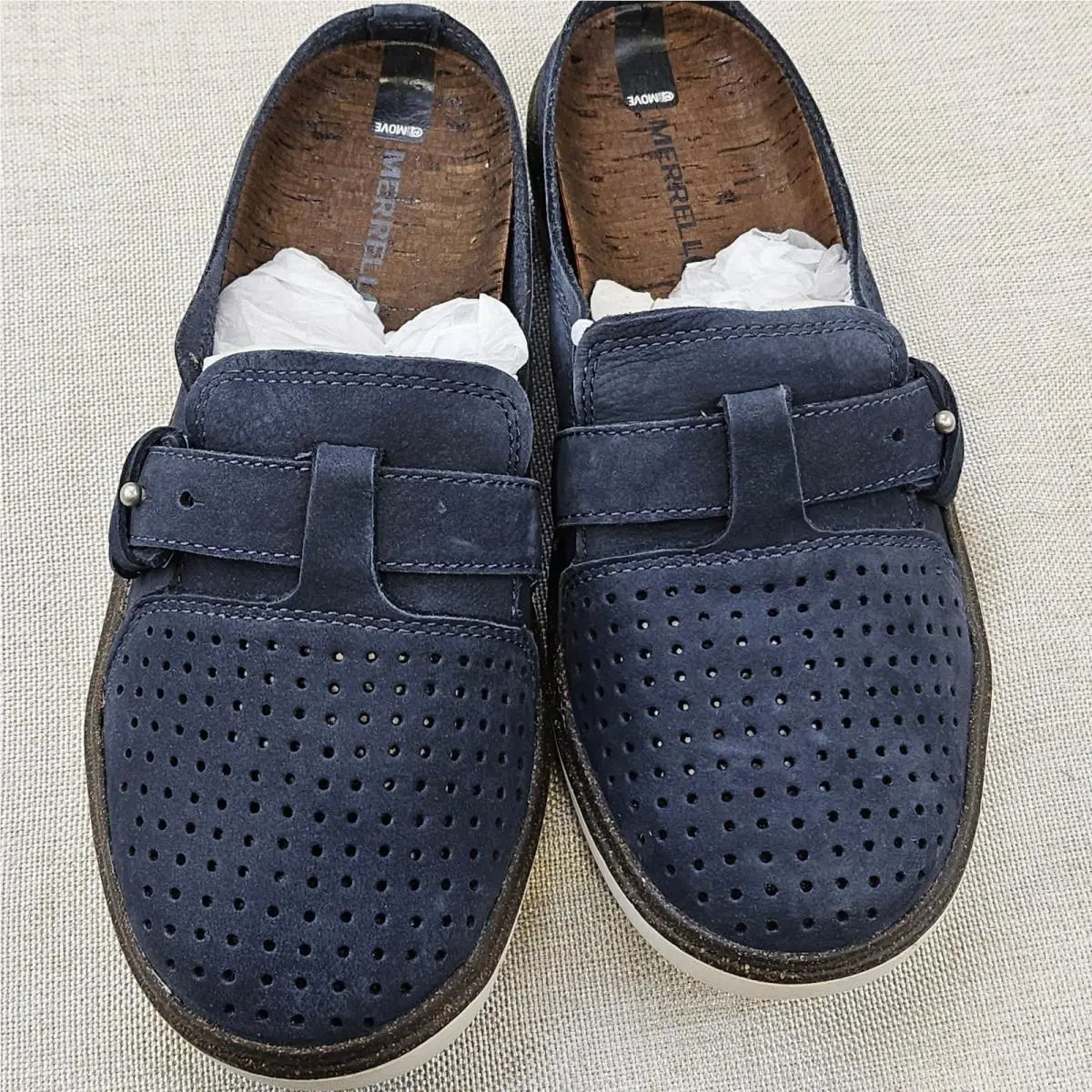 Merrell Navy Suede Perforated Slip On Shoes Mens Size 5 Womens Size 6.5