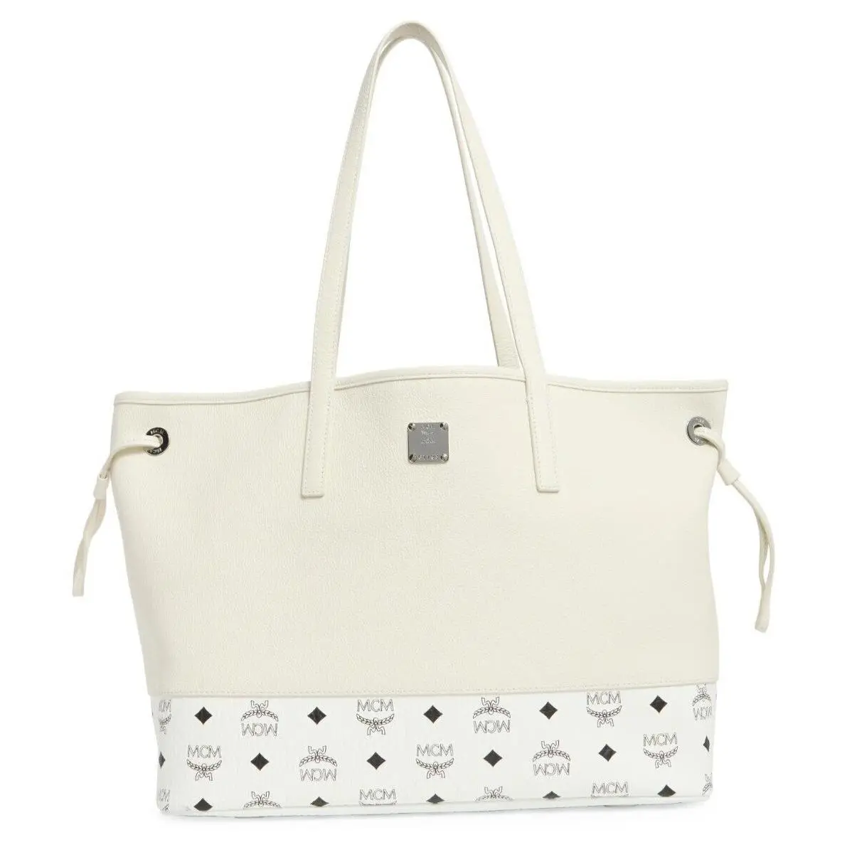 Mcm Aren Liz Womren`s Medium Shopper Tote Shoulder Bag White Leather Visetos Mix