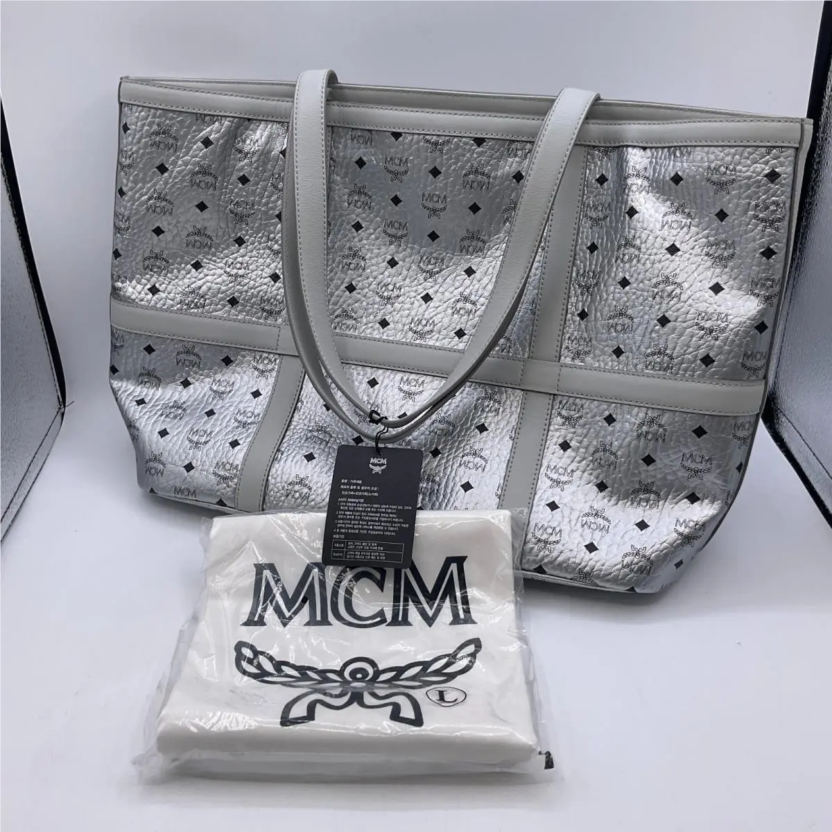 Mcm Delmy Shopper Tote Metallic Gray Silver Visetos Leather with Dust Bag