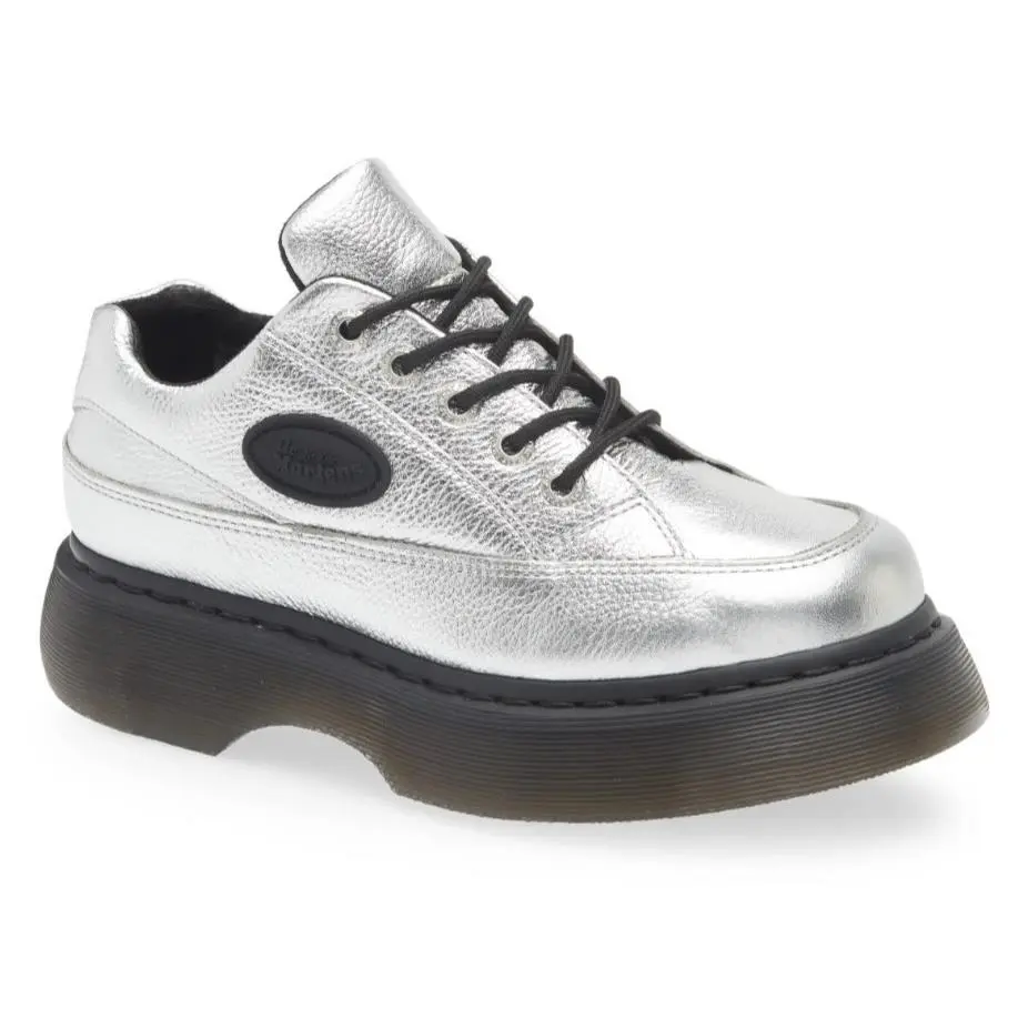 Dr. Martens Women`s Buzz 5-Eye Metallic Leather Platform Shoes Silver Size 7
