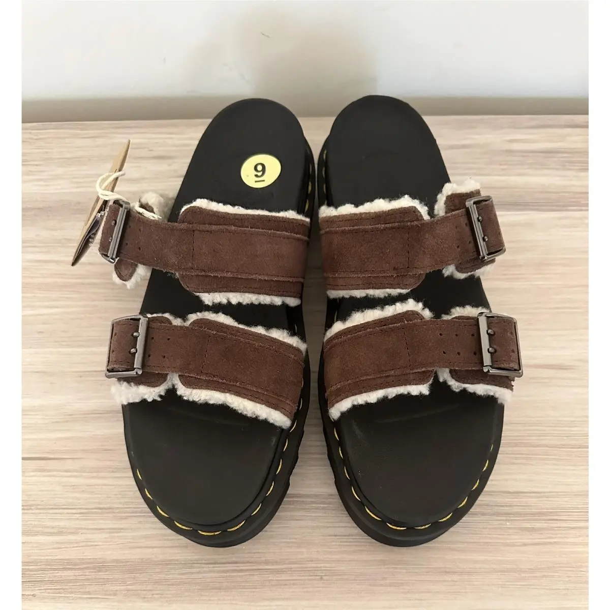 Doc Martens Myles Fur Lined Buckle Slide Sandals Dark Brown Suede Men’s 9