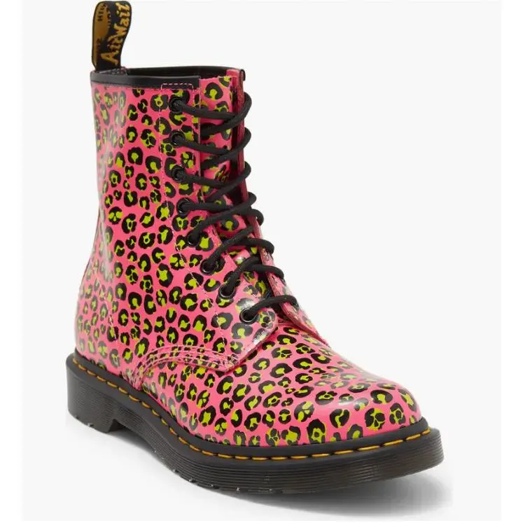 Dr Martens Boots Womens 6 Pink Leopard 1460 Leather Lace Up Water Repellent Shoe