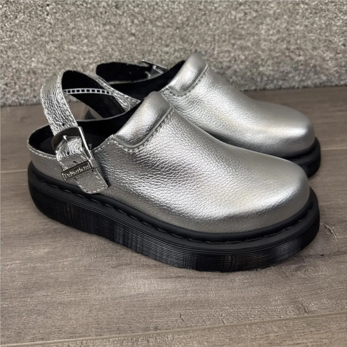 Dr. Martens Laketen Silver Leather Slingback Platform Mules Clogs Womens 5