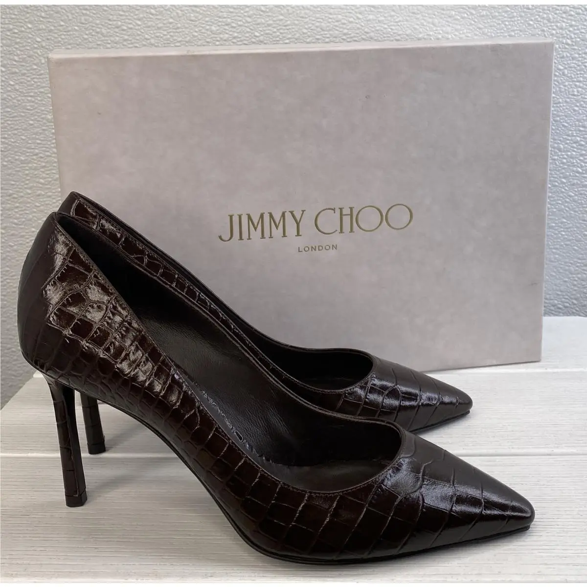 Jimmy Choo Romy 85 Pumps Women`s US7.5 EU37.5 Chocolate Croc Embossed Leather