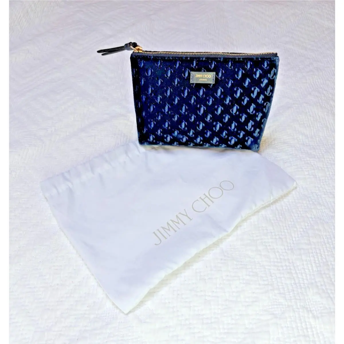 Jimmy Choo Blue Embossed Velvet Monogram Clutch Cosmetic Bag W/card Dust Bag