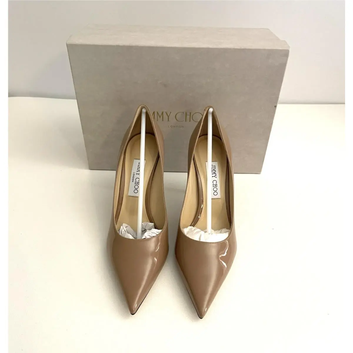 Jimmy Choo Love 85 Ballet Pink Patent Pumps JC Emblem Pointy Toe US 9.5 EU 39.5