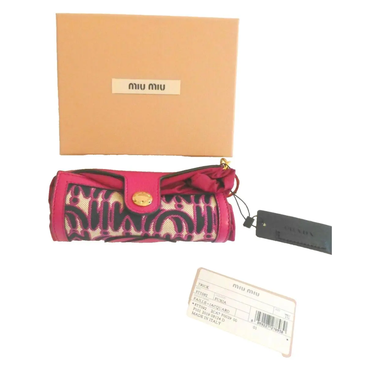 Miu Miu Folding Tote Faille Fabric Fuchsia Print Bag Key Cha