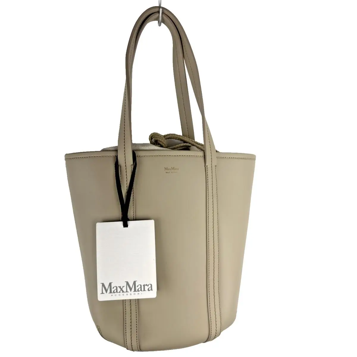 Max Mara Teresa Taupe Beige Leather Drawstring Bucket Bag Minimalist Neutral