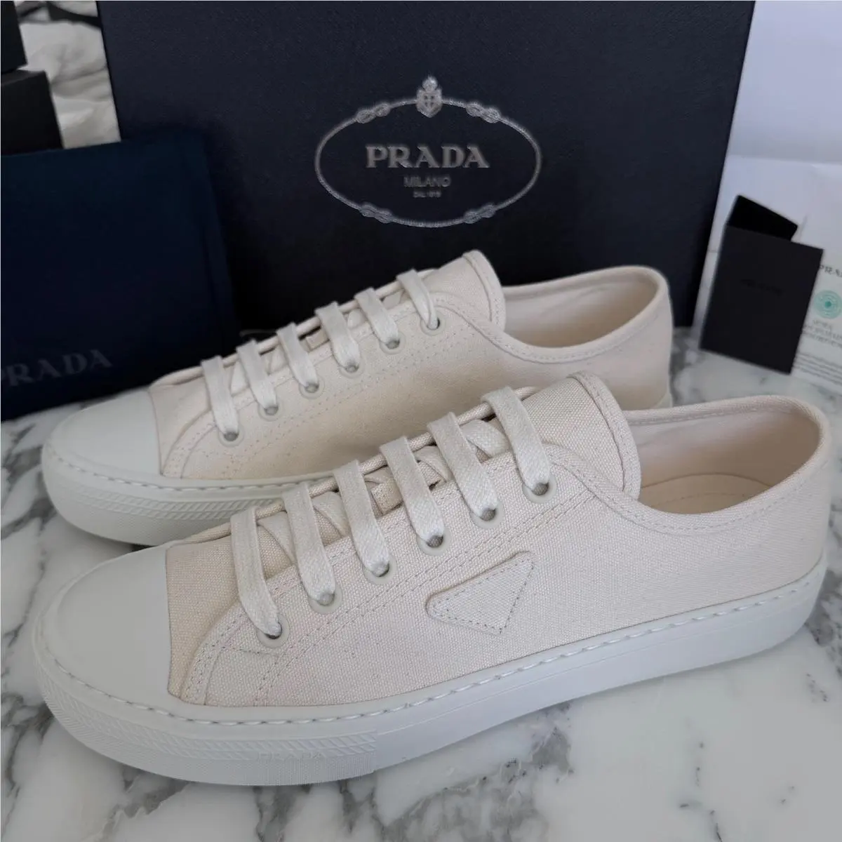 Prada 2EE446 Men`s Wheel Cloth Sneakers White Low Top UK 7.5