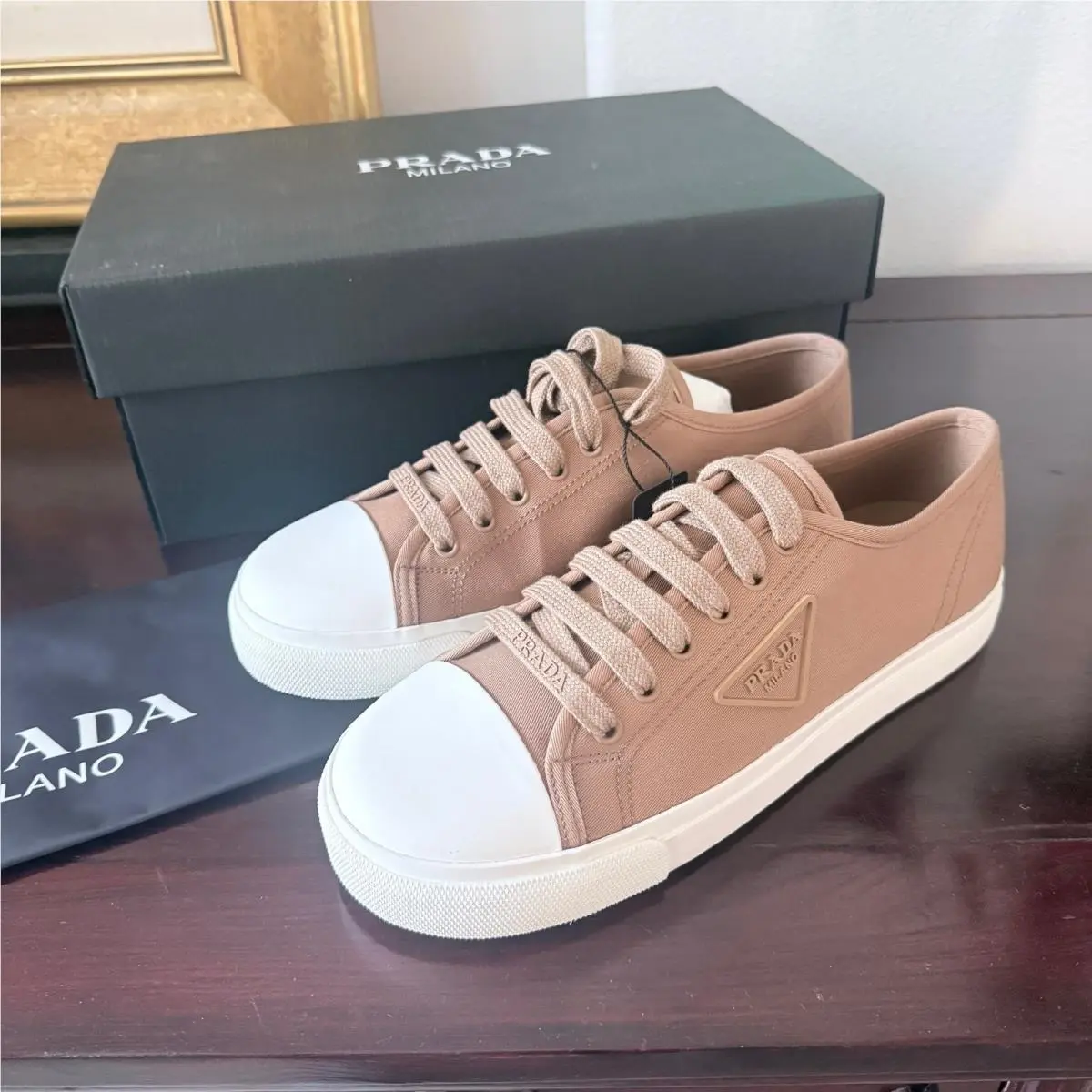 Prada 2EE430 Men`s Wheel Re-nylon Gabardine Sneakers Brown Low Top 7.5 UK