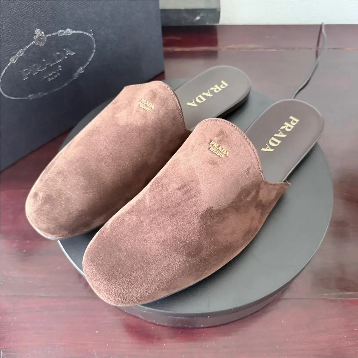 Prada 2S2986 Brown Suede Mules Gold Logo Slip On Loafers Mens Shoes 9.5