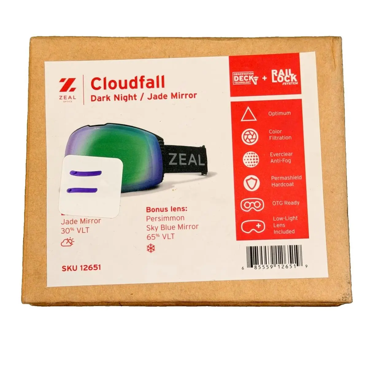Zeal Optics Cloudfall Dark Night Jade Mirror Ski Goggles Anti-fog + Bonus Lens