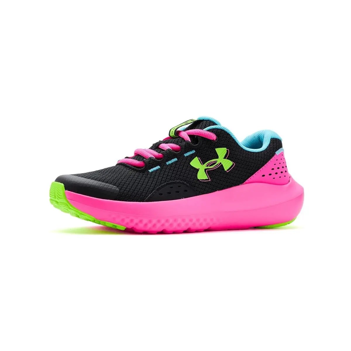 Girl`s Shoes Under Armour Kids Grade School Surge 4 Big Kid - Black/Fresco Blue/Hyper Green