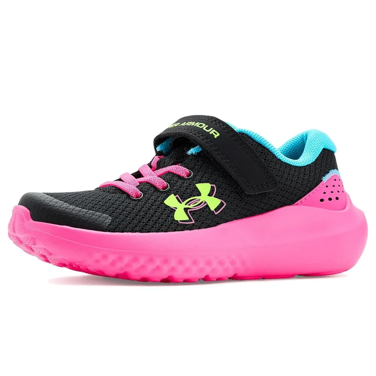 Girl`s Shoes Under Armour Kids Pre School Surge 4 Alternate Closure Little Kid - Black/Fresco Blue/Hyper Green