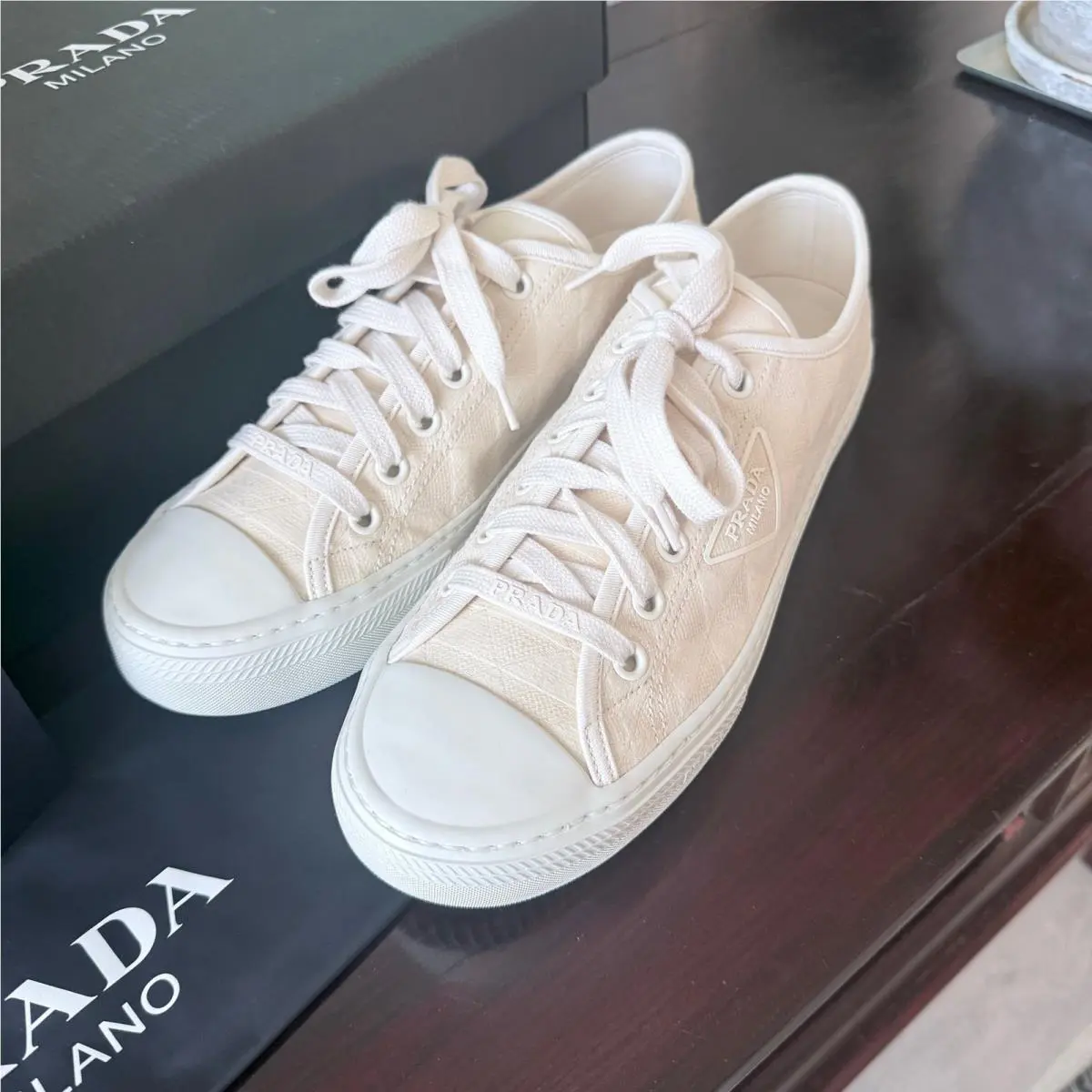 Prada 2EG434 Men`s Wheel Cotton Gabardine Sneakers Ivory Low Top UK 9