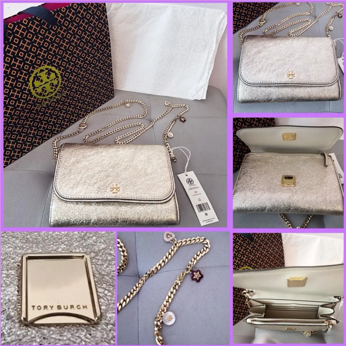 Tory Burch Emerson Metallic Charms Chain Wallet Crossbody White Gold Leather