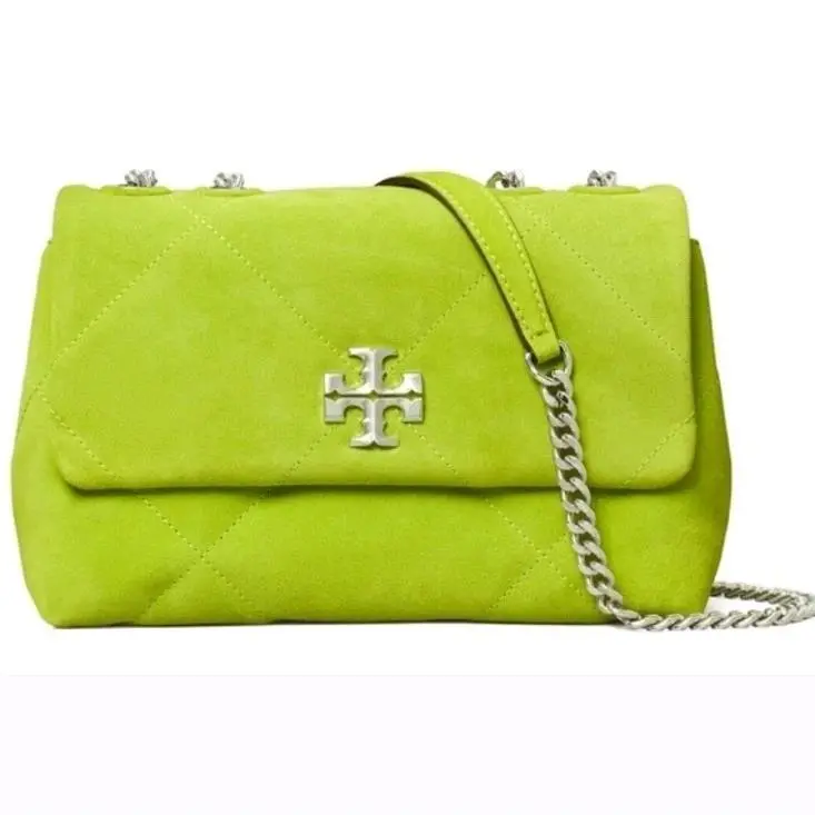 Tory Burch Kira Diamond Quilt Suede Leather Shoulder Bag Handbag Lime Green