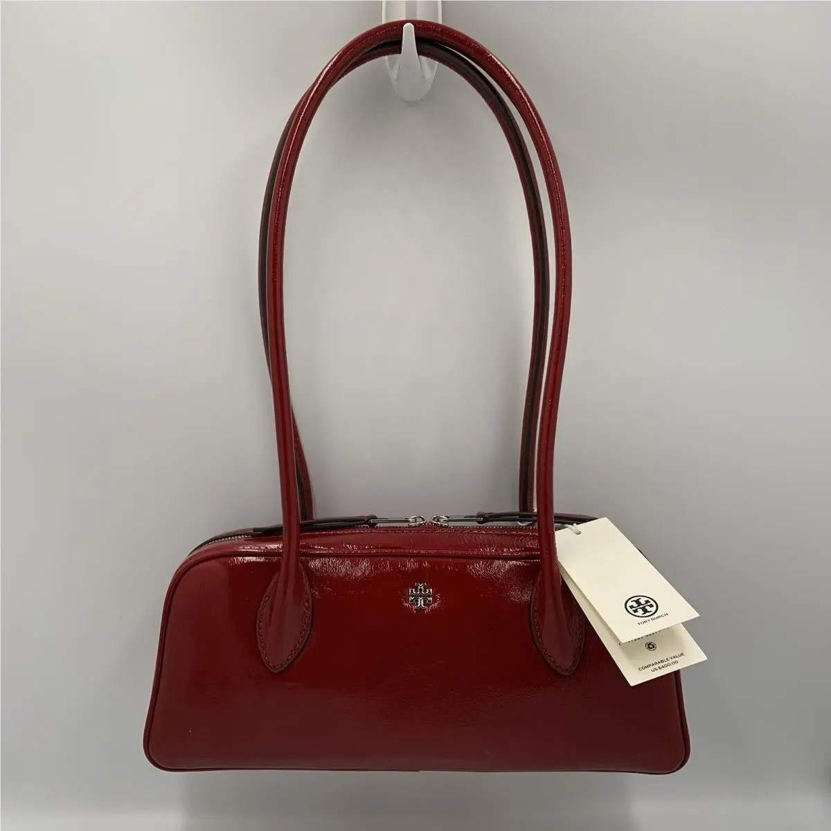 Tory Burch Berry Red Rory Shine Box Satchel Bag Silver Logo Zip Up w/ Tags