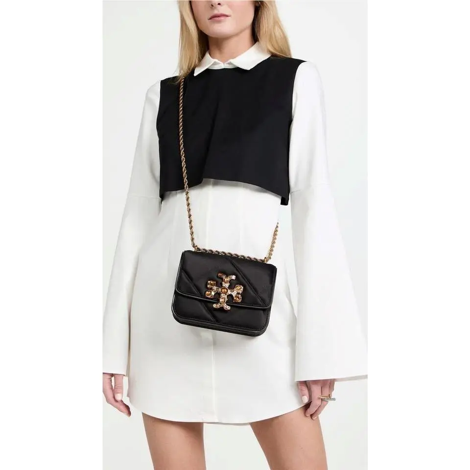 Tory Burch Women Small Eleanor Shoulder Bag Leather Handbag Black Gold Purse