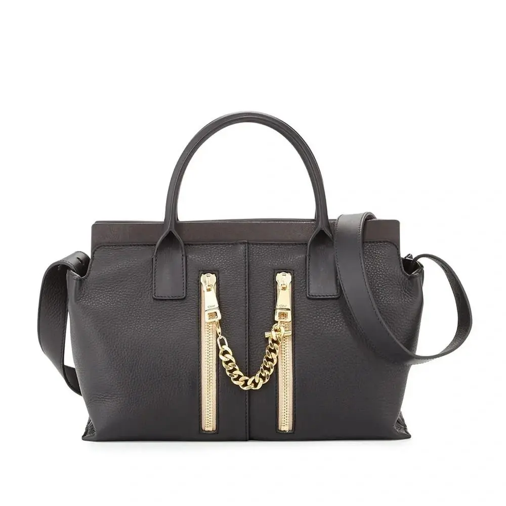Designer Chloe Cate Black Pebbled Leather Gold Chain Satchel Handbag