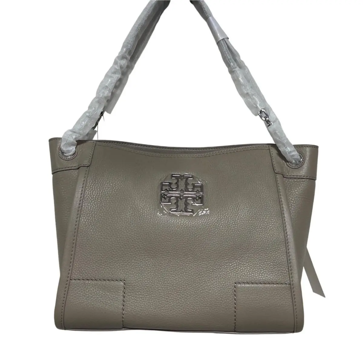 Tory Burch Britten French Grey Shoulder Bag Pebbled Leather Chain Slouchy Tote