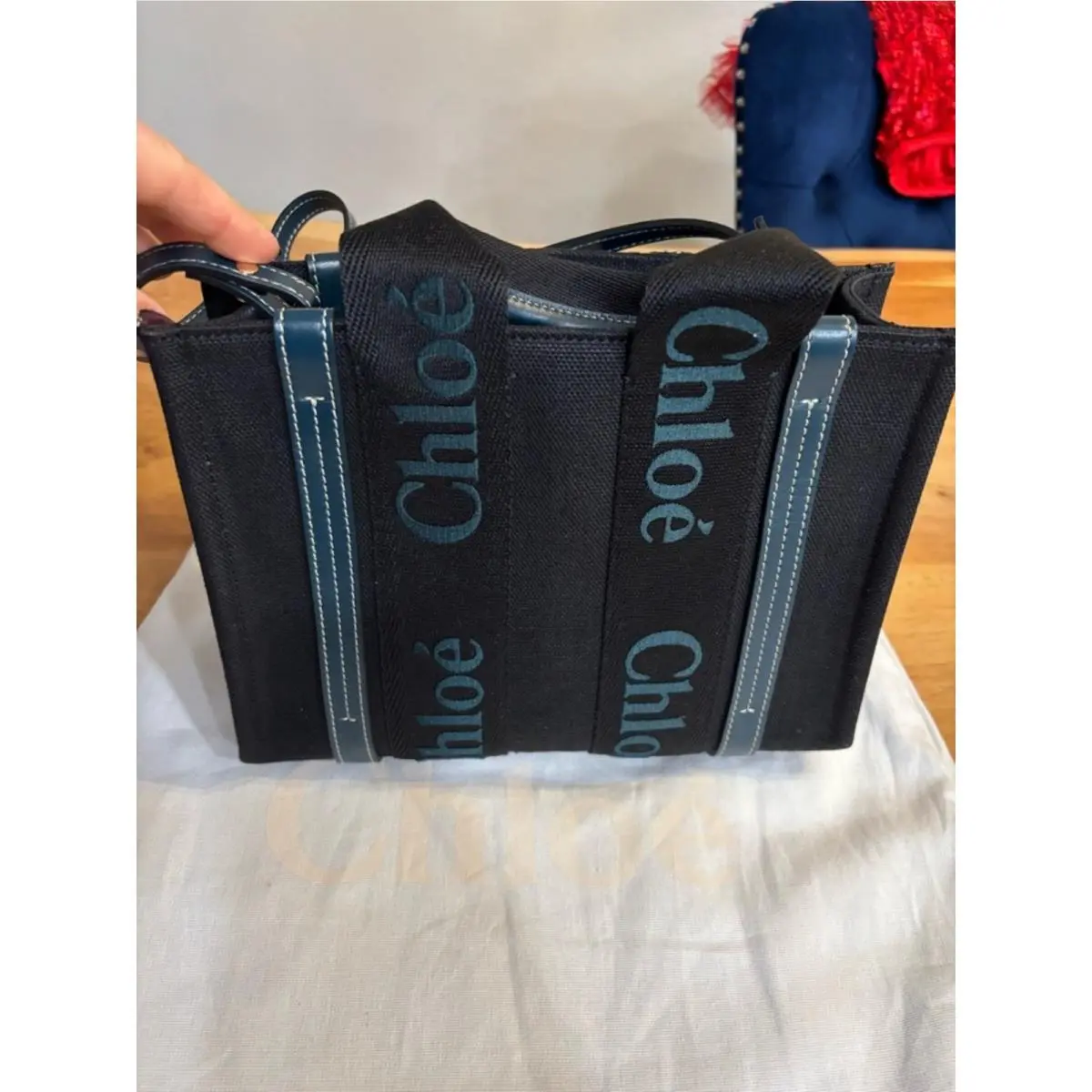 Chloe Woody Small Canvas Leather Crossbody Tote Bag Black