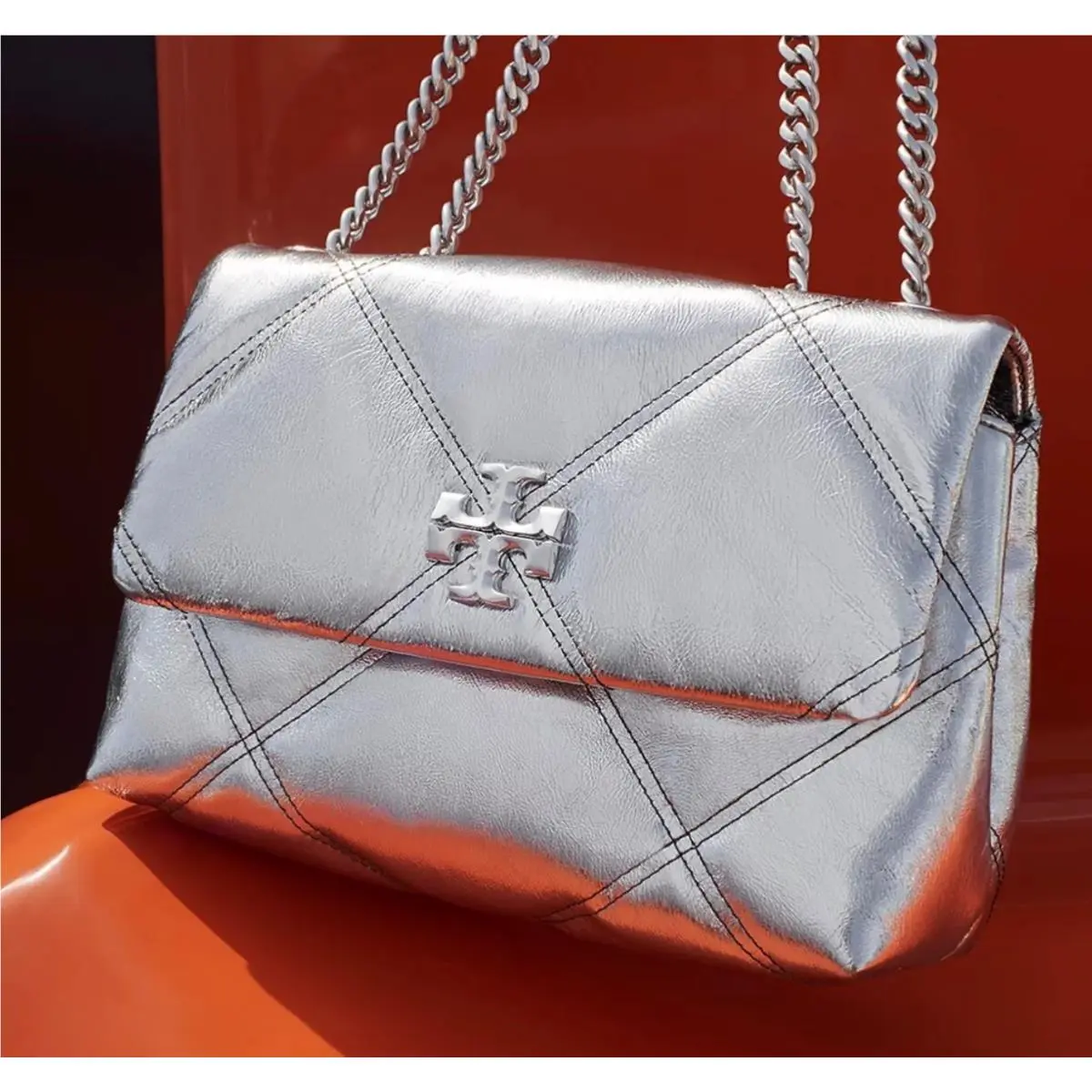 Tory Burch Silver Kira Diamond Quilt Small Convertible Shoulder Bag