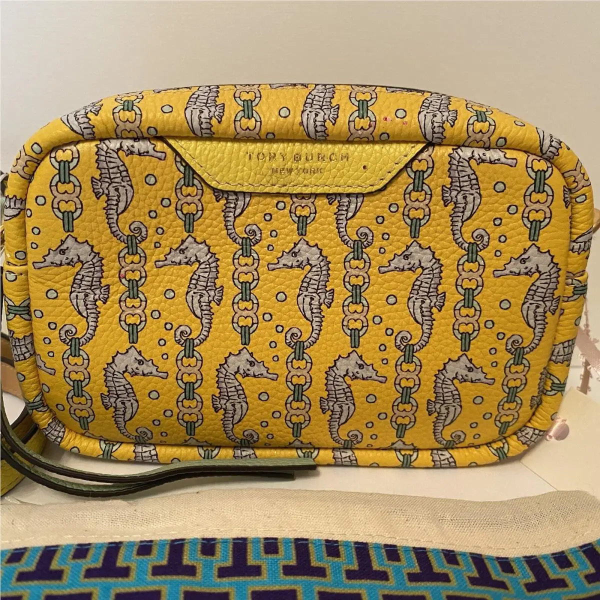 Tory Burch Perry Printed Mini Bag Yellow Seahorse Crossbody with Duster