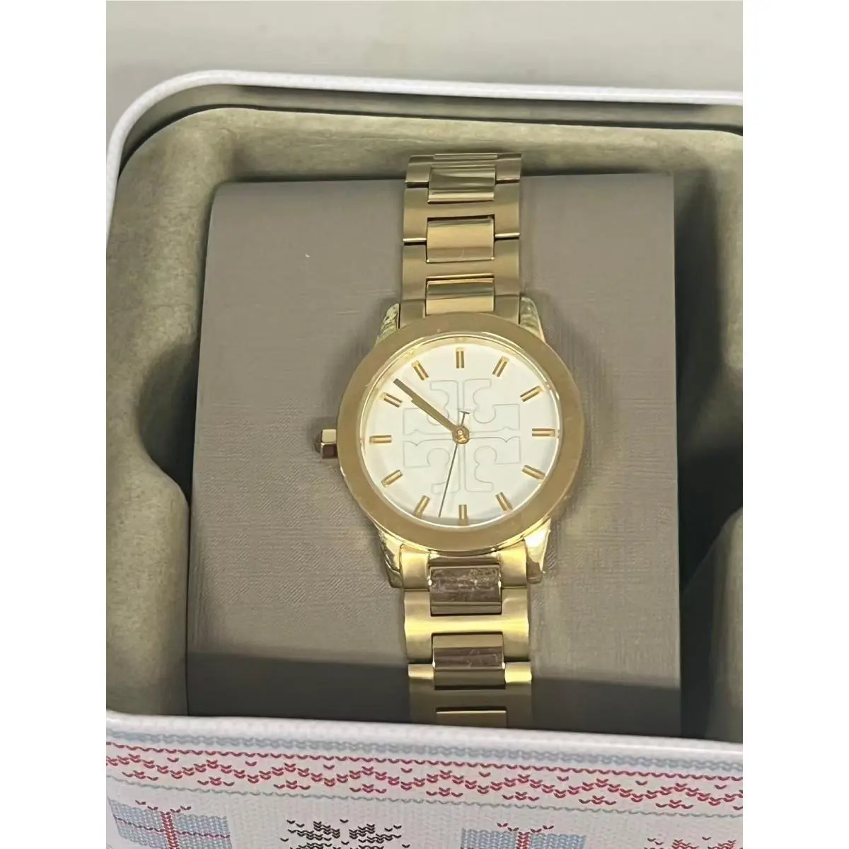 Tory Burch TBW2004 Womens Gold Tone Stainless Steel Link Watch White Dial