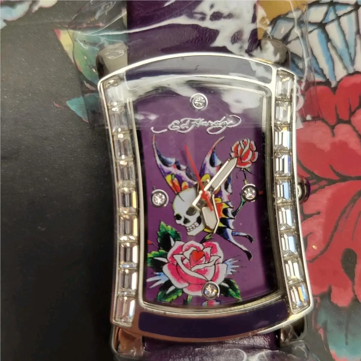 Vtg Ed Hardy Purple Leather Skull Butterfly Rose Leather