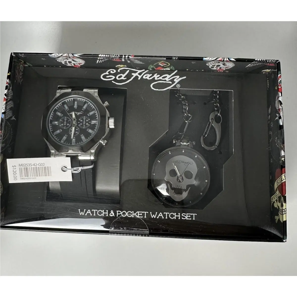 Ed Hardy Logos Men`s 2 Pc Skull Skeleton Pocket Watch Set