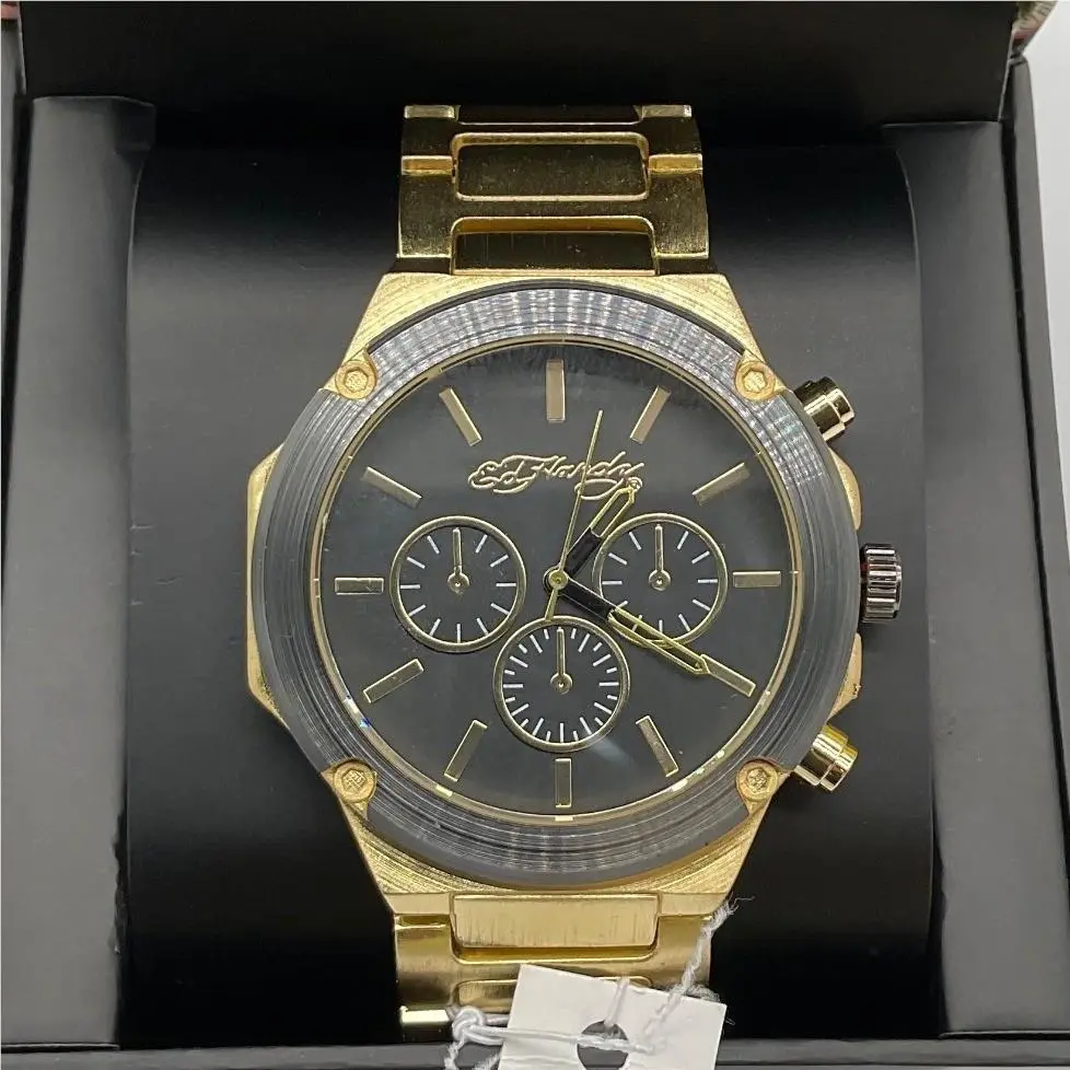 Mens Gold Tone Chronograph Watch Black Dial 50440GB-42-G27 by Ed Hardy
