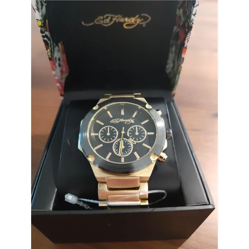 Mens Gold Tone Chronograph Watch Black Dial Stainless Steel Bracelet by Ed Hardy
