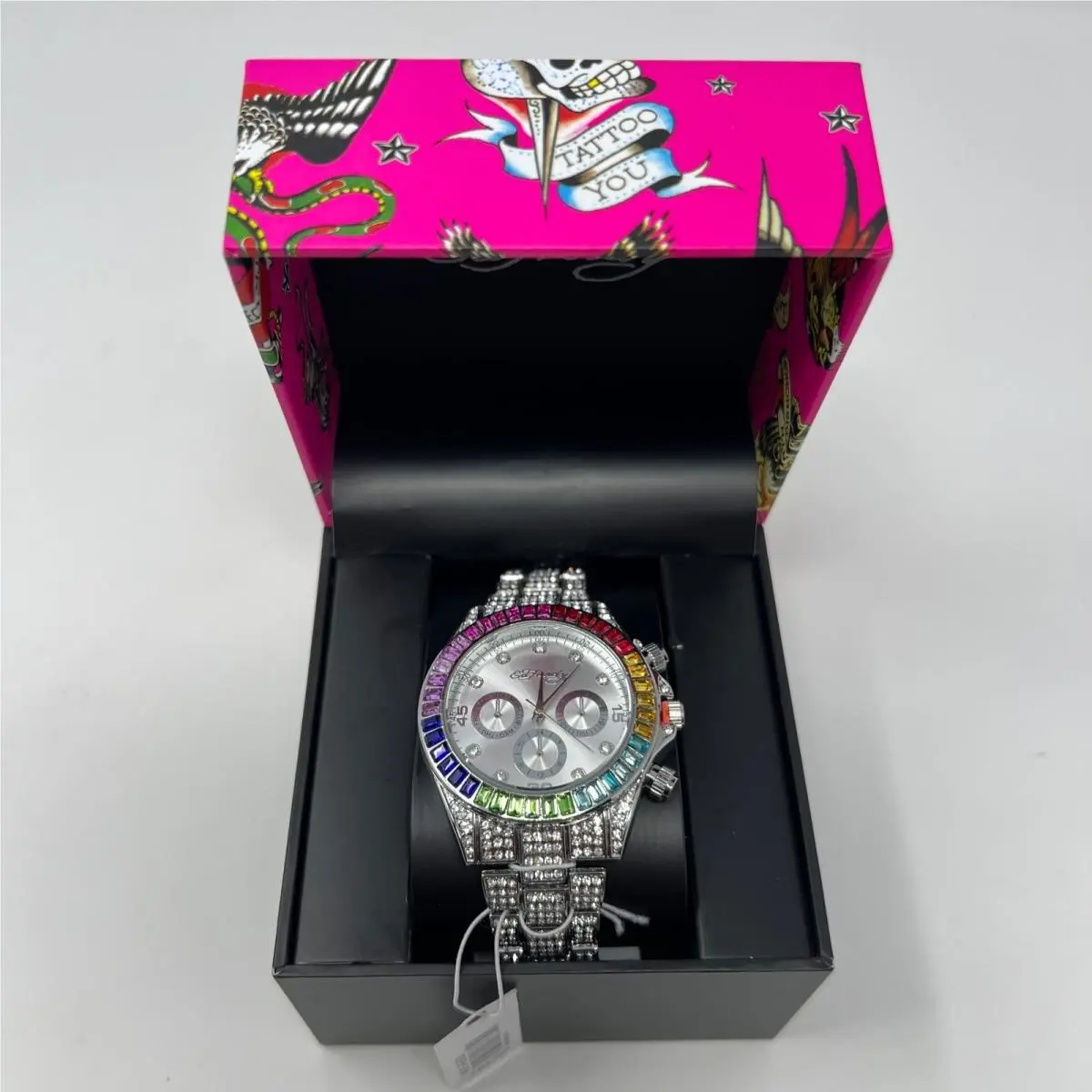 Womens Rainbow Bezel Silver Tone Rhinestone Watch Bling w/ Papers by Ed Hardy