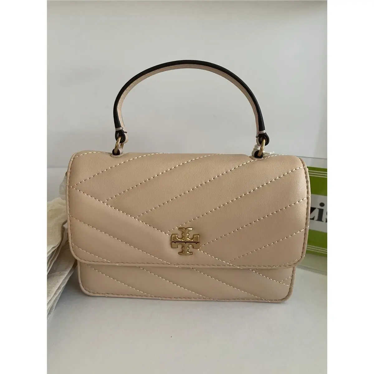 Tory Burch Mini T Monogram Perforated Leather Top Handle Bag Almond