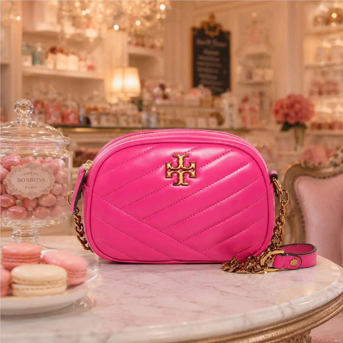 Tory Burch Kira Chevron Crazy Pink Leather Small Crossbody Camera Bag