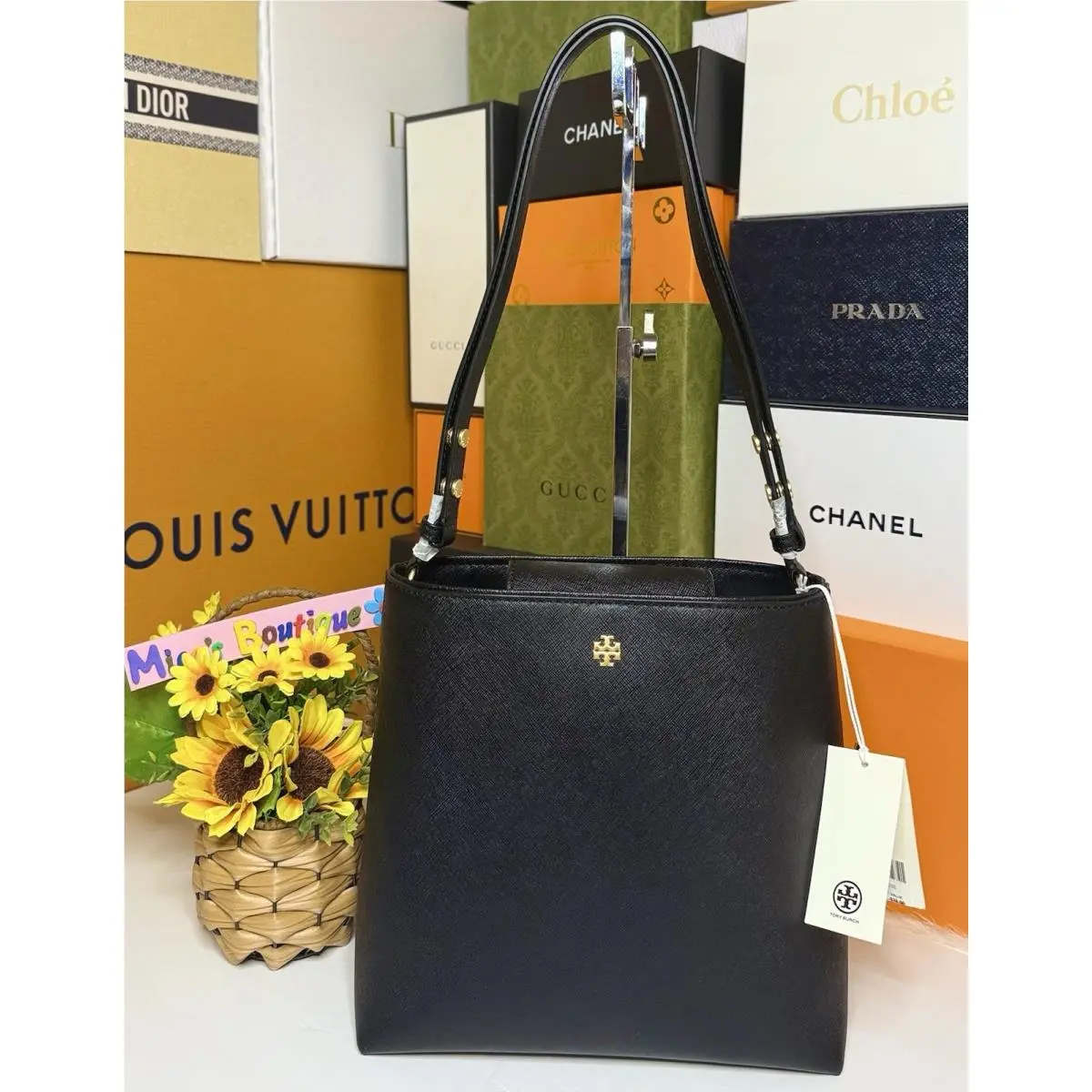Tory Burch Emerson Saffiano Leather MD Convertible Bucket Bag Black 2inONE