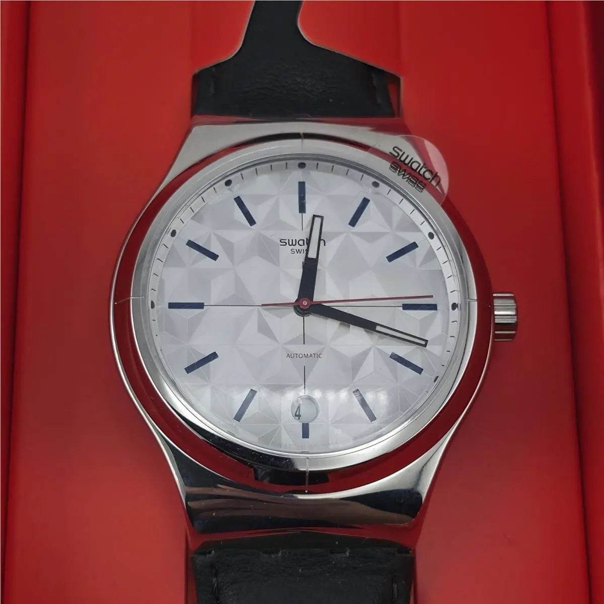Sistem51 Automatic Puzzle YIS408 42mm Silver Dial Leather Strap by Swatch