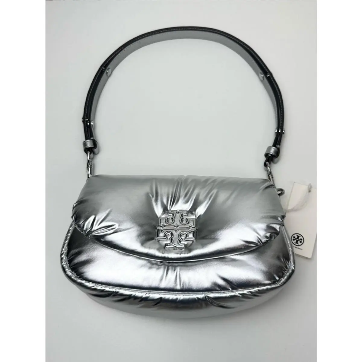 Tory Burch Britten Metallic Silver Puffy Convertible Crossbody Purse