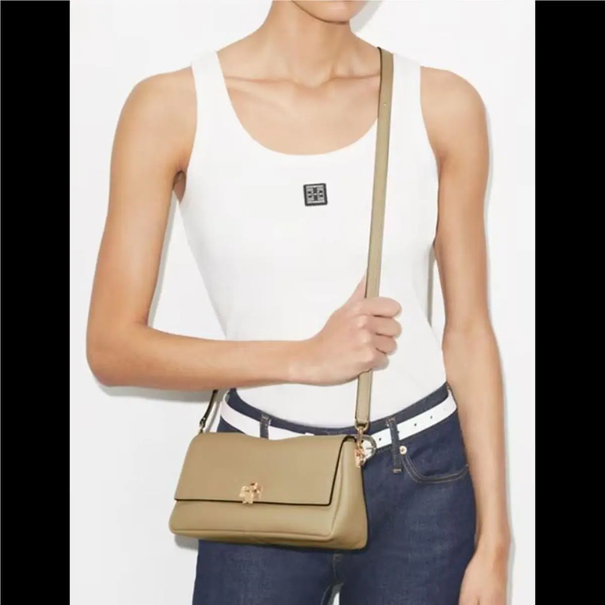Tory Burch Small Charlie Leather Shoulder Bag Soft Cement OS