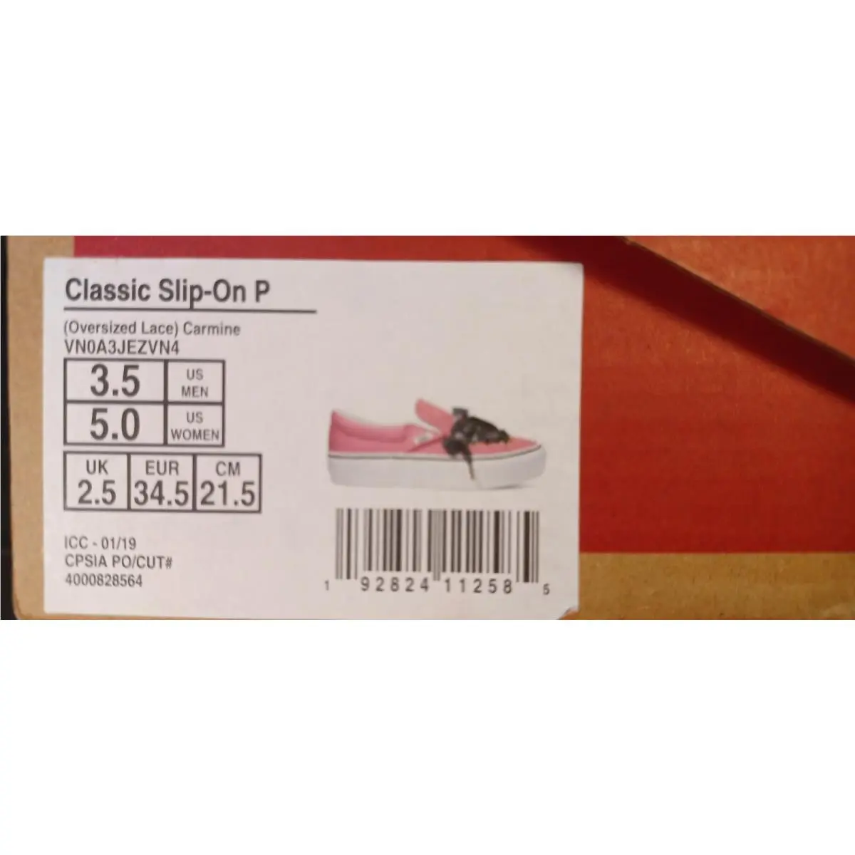 Vans Women`s 5 Oversized Lace Classic Slip On P Pink Carmine - VN0A3JEZVN4