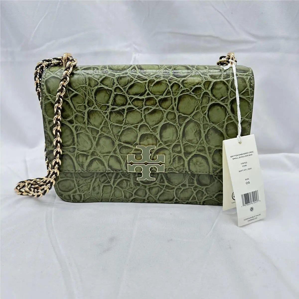 Tory Burch Womens Britten Small Shoulder Crossbody Bag Embossed Leather Soft Ivy