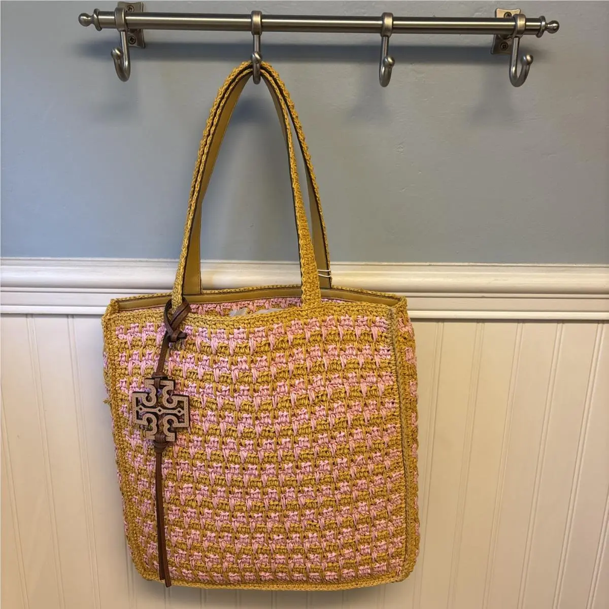 Woven Straw Tote Bag Pink Carnation / Turmeric Logo by Tory Burch