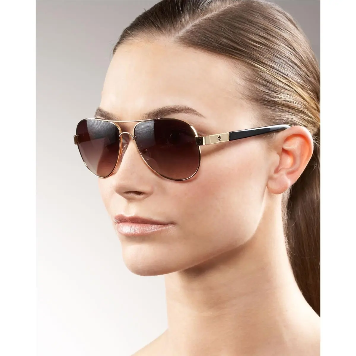 Tory Burch Aviator Sunglasses w/ Case Silver Frame Black Lens Women